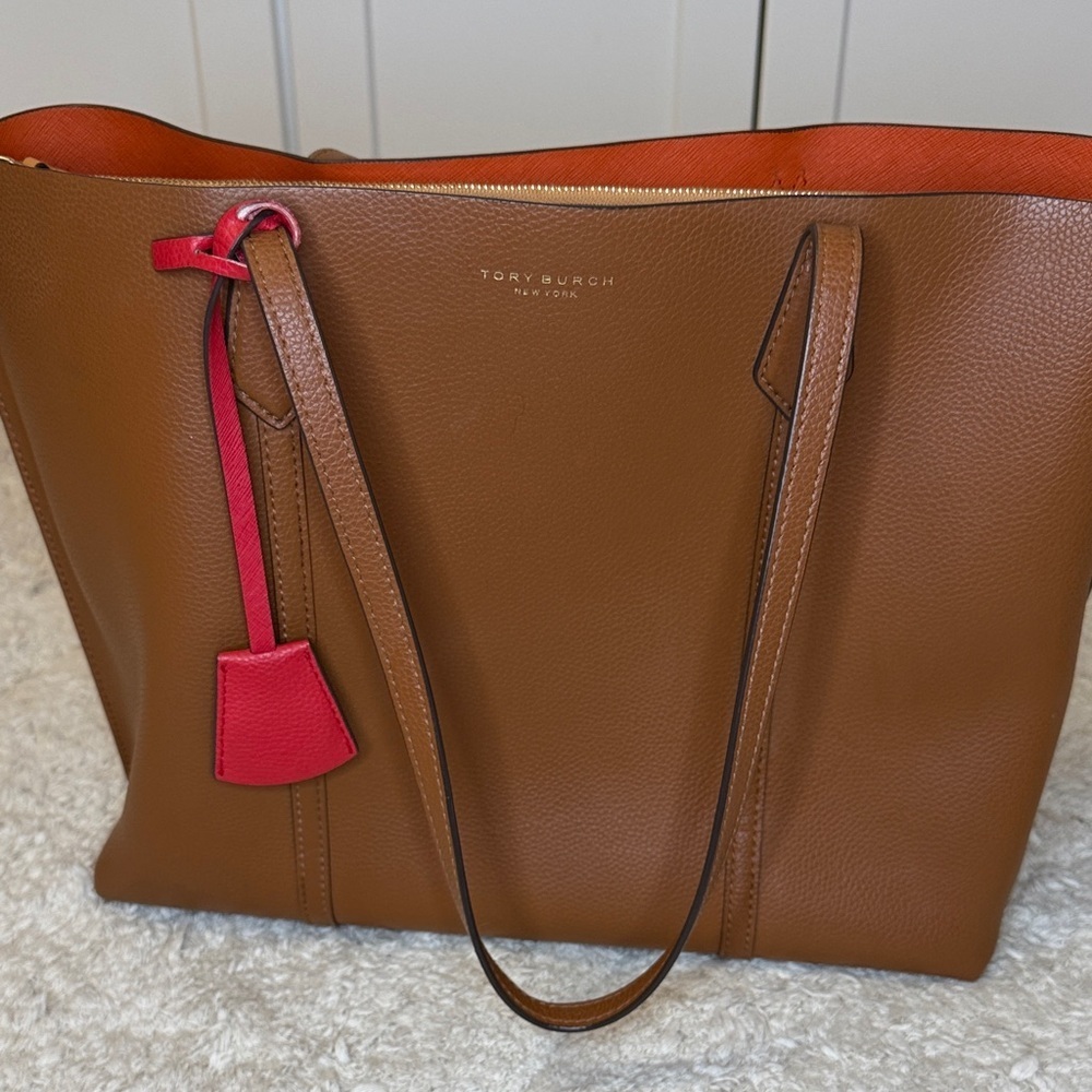 Tory Burch Perry Triple Compartment Tan Leather Tote with Red Accent